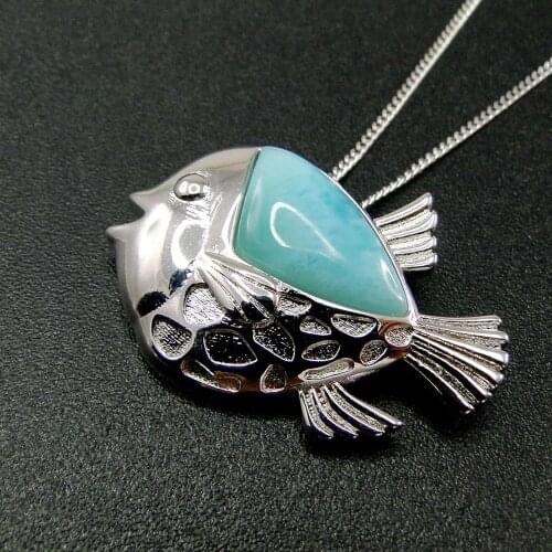 New Arrival Sea Life Larimar Jewelry 925 Sterling Silver Natural Larimar Sea Fish Pendant Neckalce For Women Gift