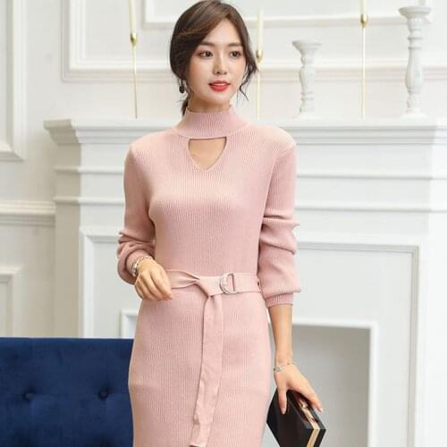 Long Sleeve Sweater Dress with Belt 2021 Elegant Casual Autumn Winter Turtleneck A Line High Waist Knitted Dresses women c81