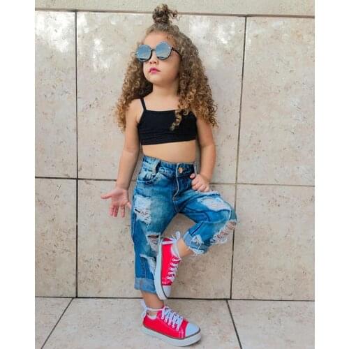 Pudcoco Toddler Newborn Kids Baby Girls Fashion 2PCS Outfit Set Sleeveless Solid Color Vest Top and Ripped Jeans Set 1-5 Years