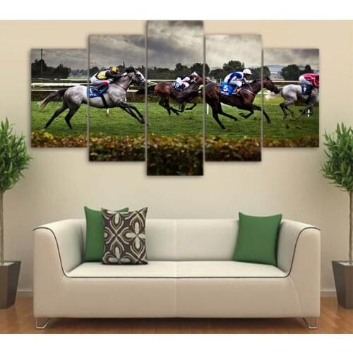 JIE DO ART Modern Canvas Wall Art Poster Frame Sports Room Home Decor HD Printed 5 Piece Modular Pictures Fast Horse Racing