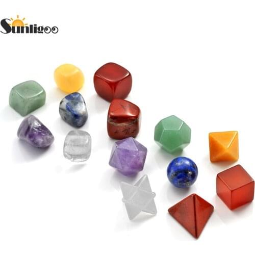 Sunligoo New Healing 7 Chakra Crystal Plantonic Solids Geometry+Natural Irregular Stone Polishing Tumbled Reiki Stone Decor