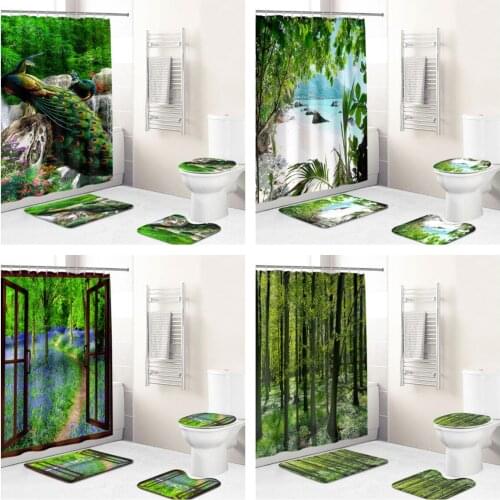 3D Printing Plant Landscape Jungle Printing Waterproof Fabric Bathroom Curtain Cover Non Slip Carpet Bathroom Cover Bath Mat