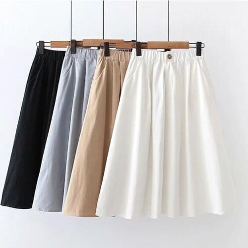 Women Summer Cotton Skirts Solid Black White Casual Elastic Waist Elegant Office A-Line Midi Skirts Korean Fashion Jupe Femme