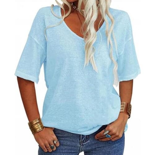 New Stylish Cotton Half Sleeve V-neck Women T-shirt Sweat Absorbing Solid Color Loose Leisure Summer T-shirt Pullover Tops
