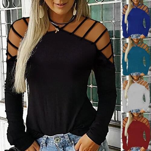 Women Rivet Sequins Cold Shoulder T-Shirts Fashion Ladies Long Sleeve Hollow Out Blouse Female Solid Pullovers Top Plus Size 5XL