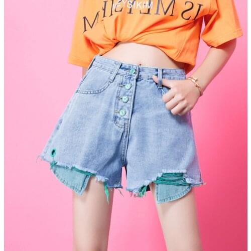 Large size ripped denim shorts womens summer 2021 thin a-line pants hot pants Polyester Shorts HOLE Wide Leg Pants