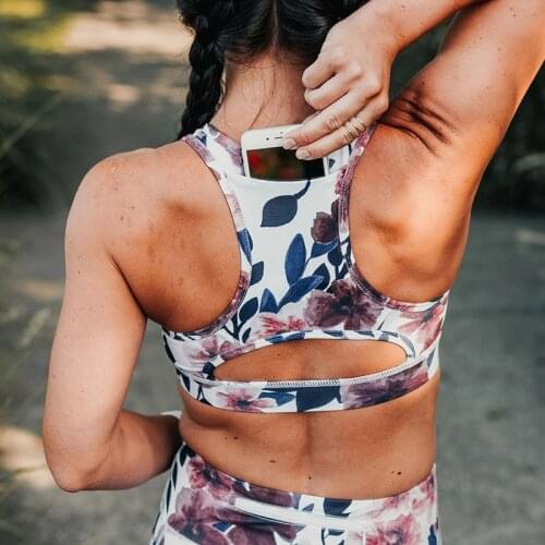 Women Sports Bra With Phone Pocket Print Yoga Top Fitness Running Wear Haut Femme Padding Gym Bras Wireless Top Deportivo Mujer