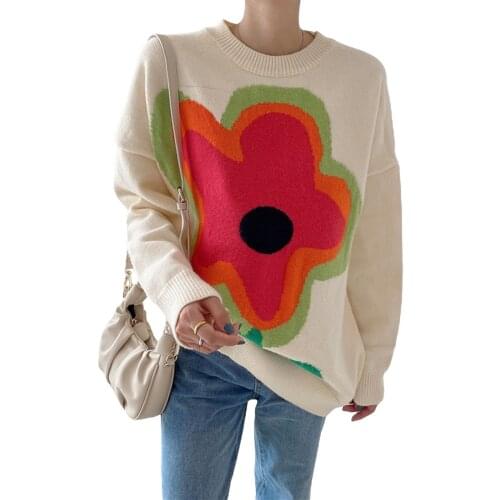 Women Color Block Sweater, Adults Loose Flower Pattern Round Neck Long Sleeve Pullover