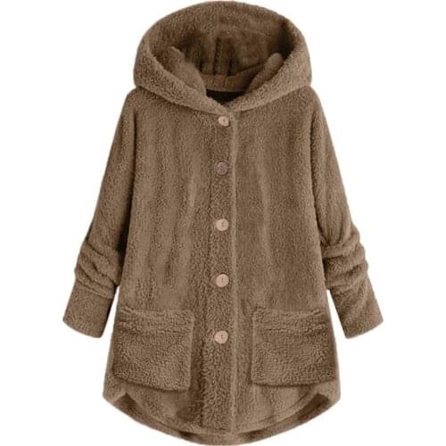 Women Solid Color Warm Plush Button Hooded Coat Loose Jacket Irregular Outwear