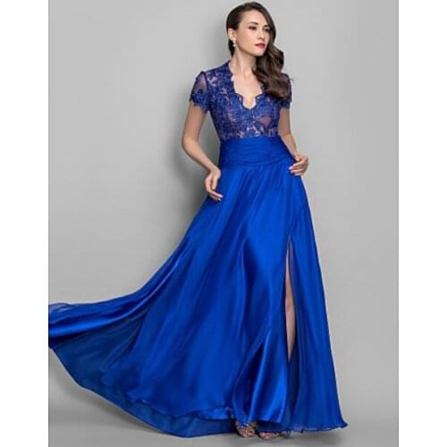 New lace chiffon Women Prom Dresses Simple High Split Formal Evening Gowns navy blue custom made Vestidos Long robe de soiree
