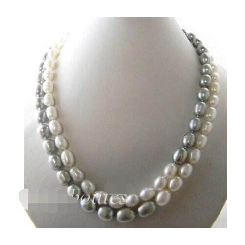 19'' 2strands 9mm rice white gray freshwater pearl silver necklace
