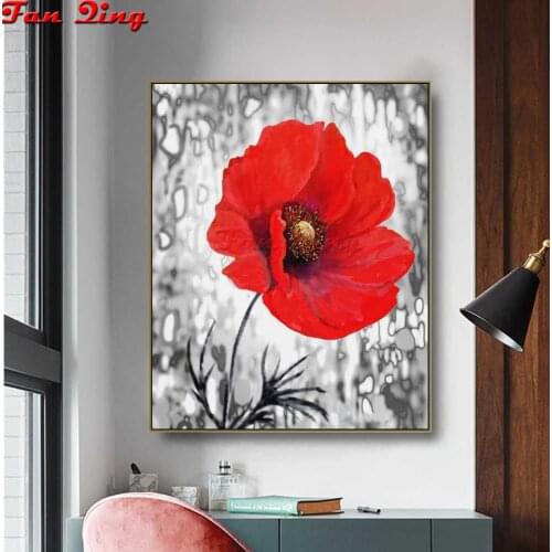 5D Round Diamond Painting Black and White Red poppy Full Square Flowers Embroidery Mosaic Cross Stitch Handmade Gift