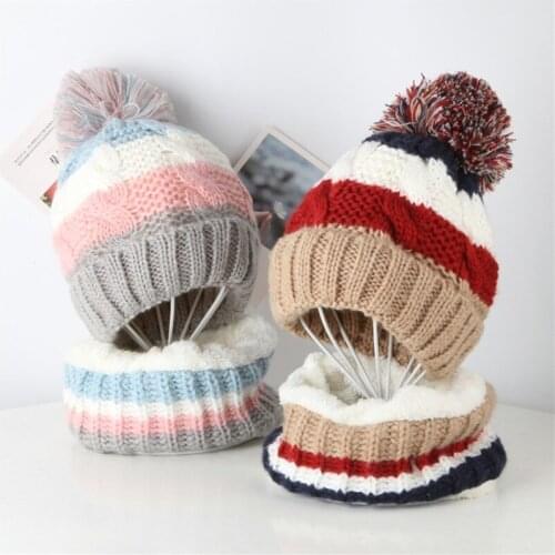 Children Kids Winter 2Pcs Cable Knit Beanie Hat Circle Scarf Set Cute Pompom Contrast Color Stripes Skull Cap Thick Plush Lined