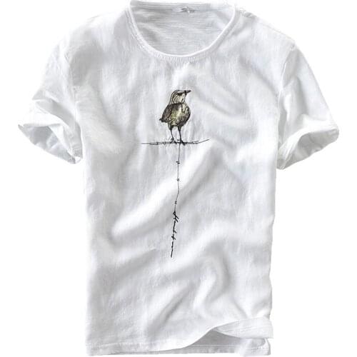 2020 Summer Men Cotton Linen Short Sleeve T Shirt White Birdie Embroidery Casual O-Neck Tees Asian Size M-XXXL Y2665