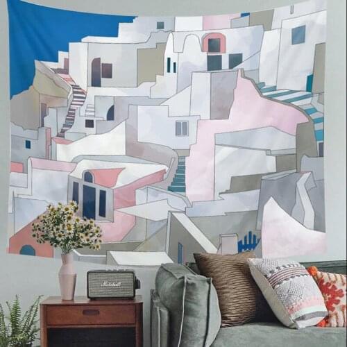 Greece Santorini Island Painting Wall Tapestries Italy Coast House Tapestry Wall Hanging Home Decor Art Decoration Bedroom Decor