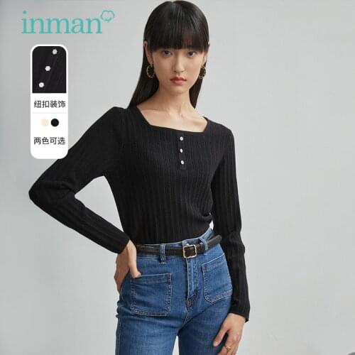 INMAN Autumn Winter Women' Top French Pastoral Retro Square Collar Decorative Buttons Slim Long Sleeve Knitted Shirt