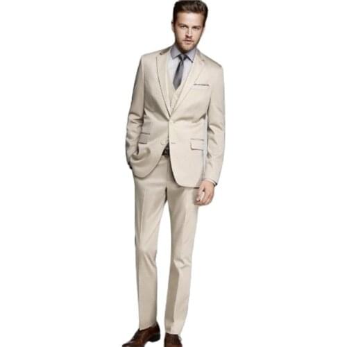 Handsome Beige Man Work Busienss Suits Slim Fits Groom Tuxedos Prom Party Dress Coat Trousers Set(Jacket+Pants+Vest+Tie) NO:072