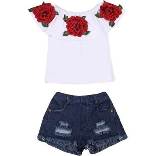 Summer Toddler Baby Kids Clothes Girls Floral Print Sleeveless Ruffle Round Neck Pullover T-Shirts Denim Hole Pants Baby Outfits