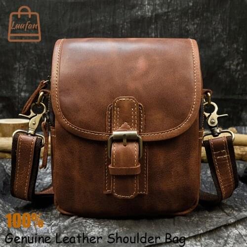 Luufan Mens Shoulder Bag Crazy Horse Leather Casual Retro Party Phone Wallet Daily Brown Small Mini Shoulder Bag Durable