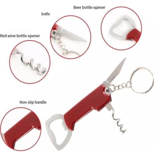 Multifunctional Creative Wine Bottle Opener Keychain Stainless Steel Wooden Handle Opener Portable Wine Beer Opener Kitchen Tool