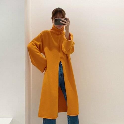Fashion Simple Split Turtleneck Dress Loose-fitting Long Sleeve Thicken Warm Knitted Jumper Dresses Women Vestido Feminino
