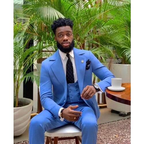 Fashion Bright Blue Wide Notch Lapel One Buttons Men Suits 3 Pieces Costum Homme Groom Wedding Terno Masculino Slim Fit Blazer