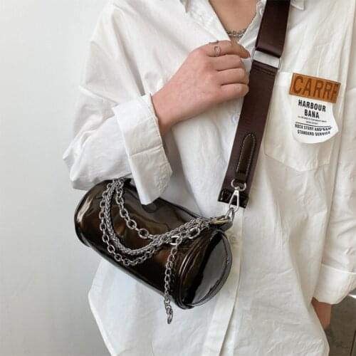 New Casual Leather Bright Face Cross-body Bag Women Round Bucket Bag Fashion Chain Shoulder Bag