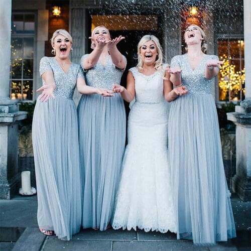 Sexy V Neck Dusty Blue Long Bridesmaid Dresses Plus Size 2019 Short Sleeve Sequins Top BlingBling Wedding Party Dress