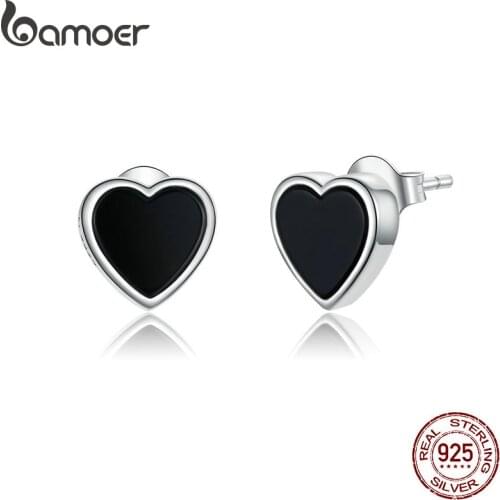 Bamoer Genuine 925 Sterling Silver Black Agate Heart Stud Earrings for Women and Men Punk Jewelry 2020 Brincos SCE915