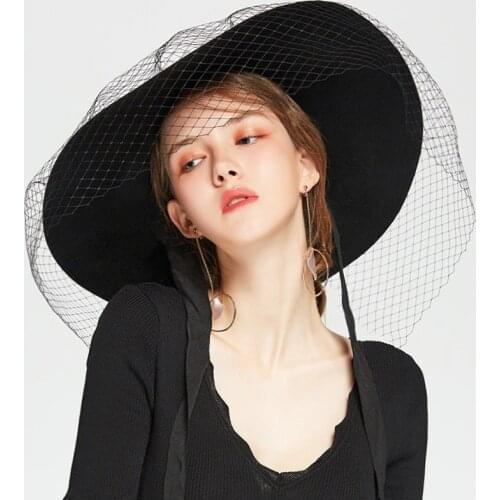 Fashion Fedoras Vintage Mesh Hat ,5.5 Inch Large Brim Womens Bowl Hat , Big Waves Wool Felt Lady Girls Adjustable Church Cap