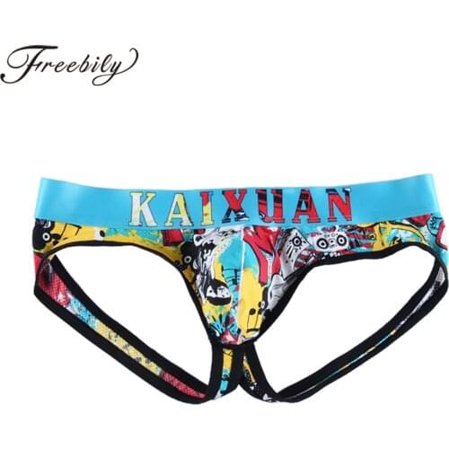 Mens Brifes Printed Breathable Mesh Jockstrap Briefs Sexy Panties Male Low Waist Bulge Pouch G-string Underwear Underpants