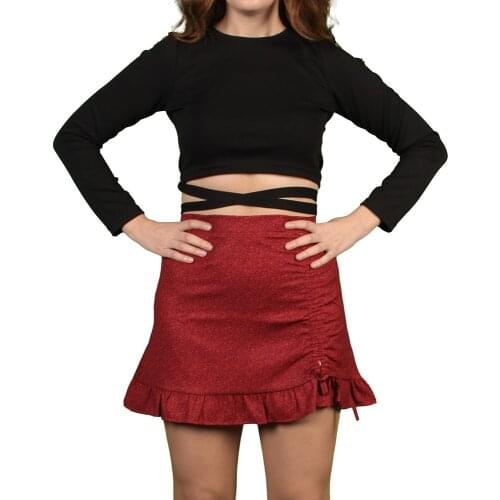 Women Summer2021 Floral Red Print Sexy Skinny Mini Ruffled Ruched Drawstring Beach Party Casual Elegant Streetwear Fashion Skirt