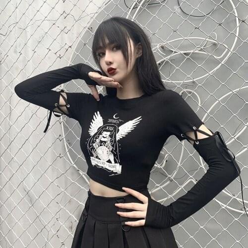 Autumn Women’s Vintage Anime Print T-shirts Tie-up Stitching Long Sleeve Exposed Navel Tops Streetwear Ladies Girls Casual Tees