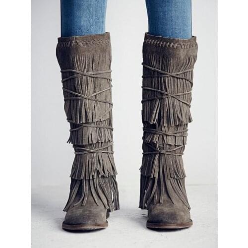 Tassel Women Riding Knee-High Boots Crossed-tied Low Heel outside High Quality Shoes Custom Made Retro- Style Suede Shoes Ladies