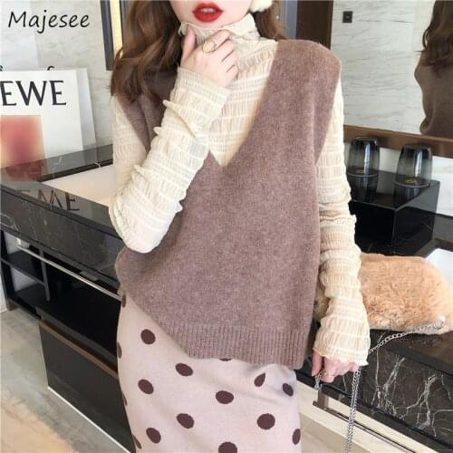 Sweaters Vest Womens Autumn Solid Colorful Warm Soft Elegant Ladies Style Casual Outwear Loose Simple Student Temperament Chic