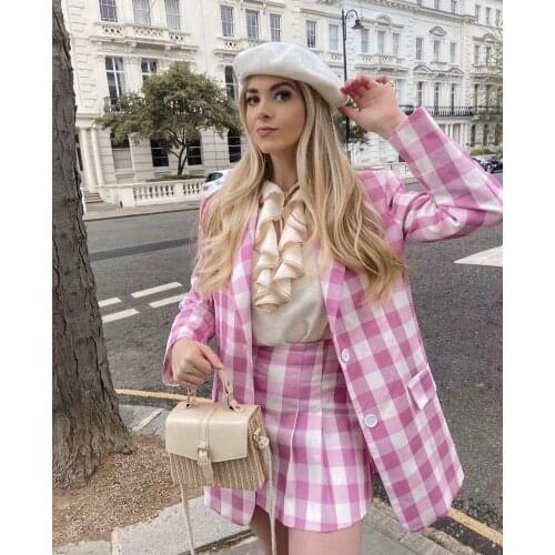 Cute Girly Skirtsuit 2021 Women High Quality Swee Girlish Pink Plaid Short Skirtsuites Retro Pleated Skirt High Street Stylesuit