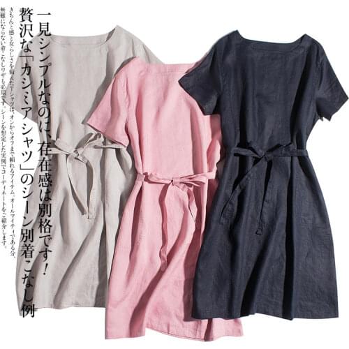 Summer Women Simple Loose Petite Japan Style Comfortable French 14*14 Water Washed Linen Pullover Dresses W/h Side Pockets