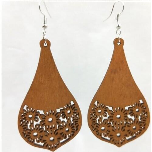 12 Pairs Good Quality Wood Earrings Organic brown Hollow African Woman Wooden Brincos Pendant 4*7cm E400