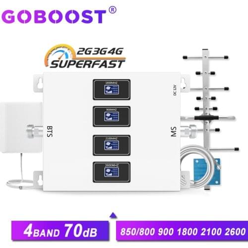 GOBOOST 70dB 4-band signal booster gsm 2g 3g 4g amplifier 3g 850 LTE 800 900 1800 2100 2600 repeater mobile phone signal antenna