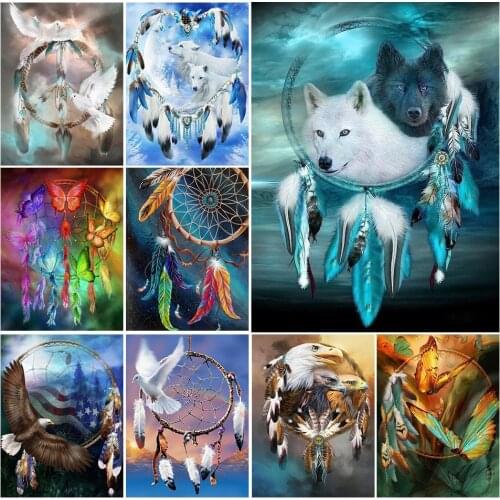 5D DIY Diamond Painting Full Square Dreamcatcher Wolf Cross Stitch Diamond Embroidery Animal Mosaic Picture of Rhinestones Decor