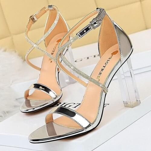 BIGTREE Shoes Womens Sandals Rhinestone Heels Sandals Women 2021 High Heels Open Toe Heeled Sandals Transparent Heels Female