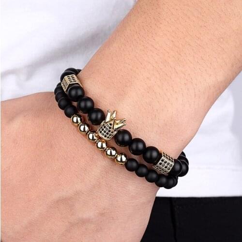 8mm black matte frosted Stone Bead Bracelet 2pcs / set mens jewelry crown Bracelet womens fashion armband cuff new jewelry