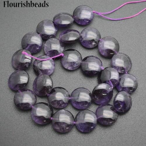 Wholesale High Quality Natural Amethyst 16mm Smooth Flat Round Coin Shape Stone Loose Beads Jewelry Supplies