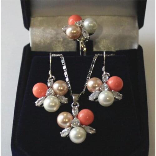 8mm Nanhai shell multicolor pearl round pearl metal silver plated Earring Ring Pendant Necklace Set