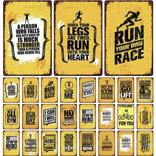 Metal Tin Sign Yellow Fitness Slogan Plaque Shabby Chic Wall Art Iron Sheet Inspirational Quotes Don't Give Up Poster CraftDecor