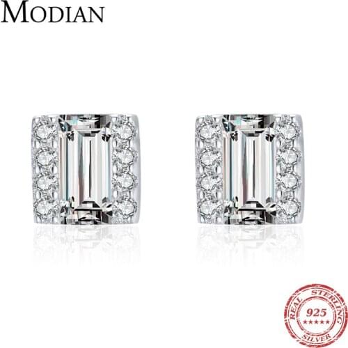 Modian 925 Sterling Silver Earrings for Women Geometric Vintage Emerald Cut Ear Studs Hypoallergenic Wedding Anniversary Jewelry