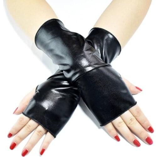 Fashion Women Fingerless Halloween Hip-hop Punk Patent Leather Mitten Winter Elastic touch screen Driving Half Finger Glove H72