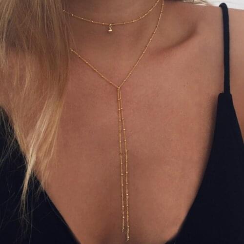 New Simple Beads Layering Necklace Metal Delicate Choker Collar Necklace For Women Gold Dainty Lariat Y Necklace Bijoux