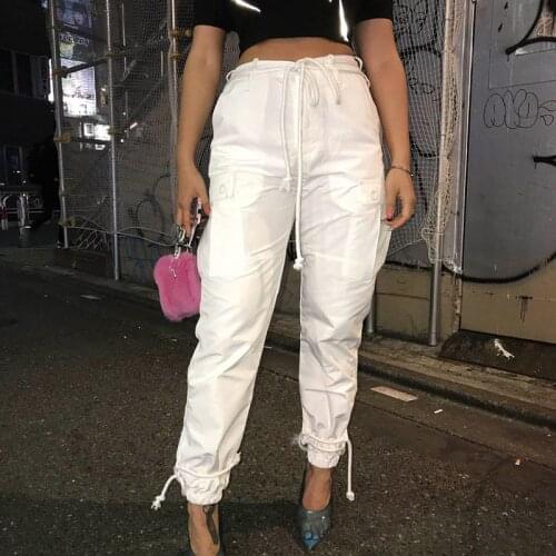 Pure White Multi-tie Rope Design Closes High Quality Fabric Tooling Pocket Casual Trousers