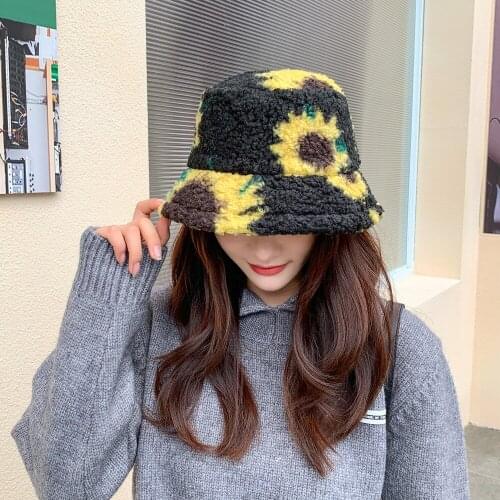 Sunflower Autumn Winter Lamb Hair Hat Lamb Wool Bucket Hat Outdoor Trend Fisherman Cap for Women Casual Winter Warm Hat